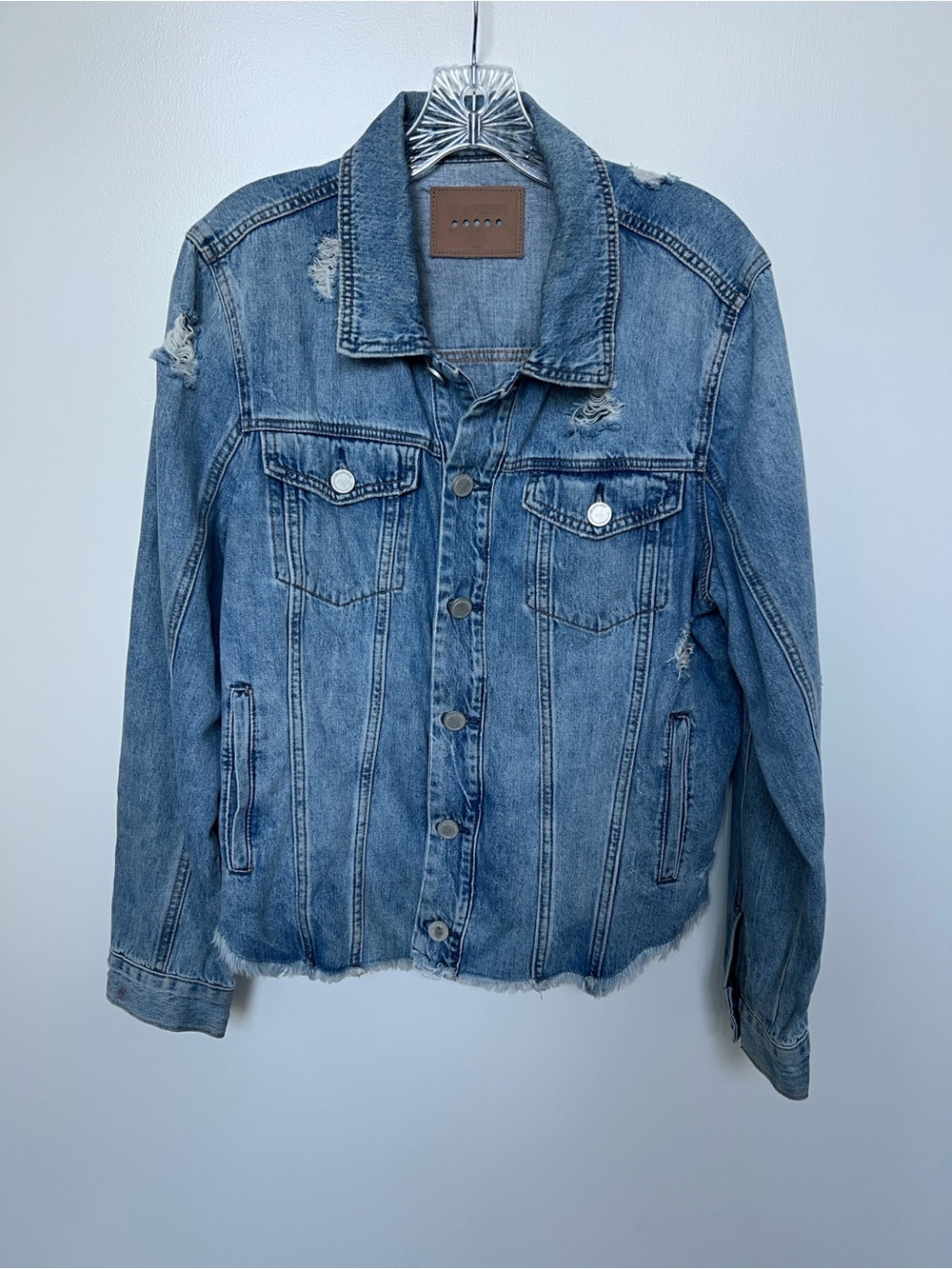 Blank NYC women’s Distressed Light Blue Denim Jacket
